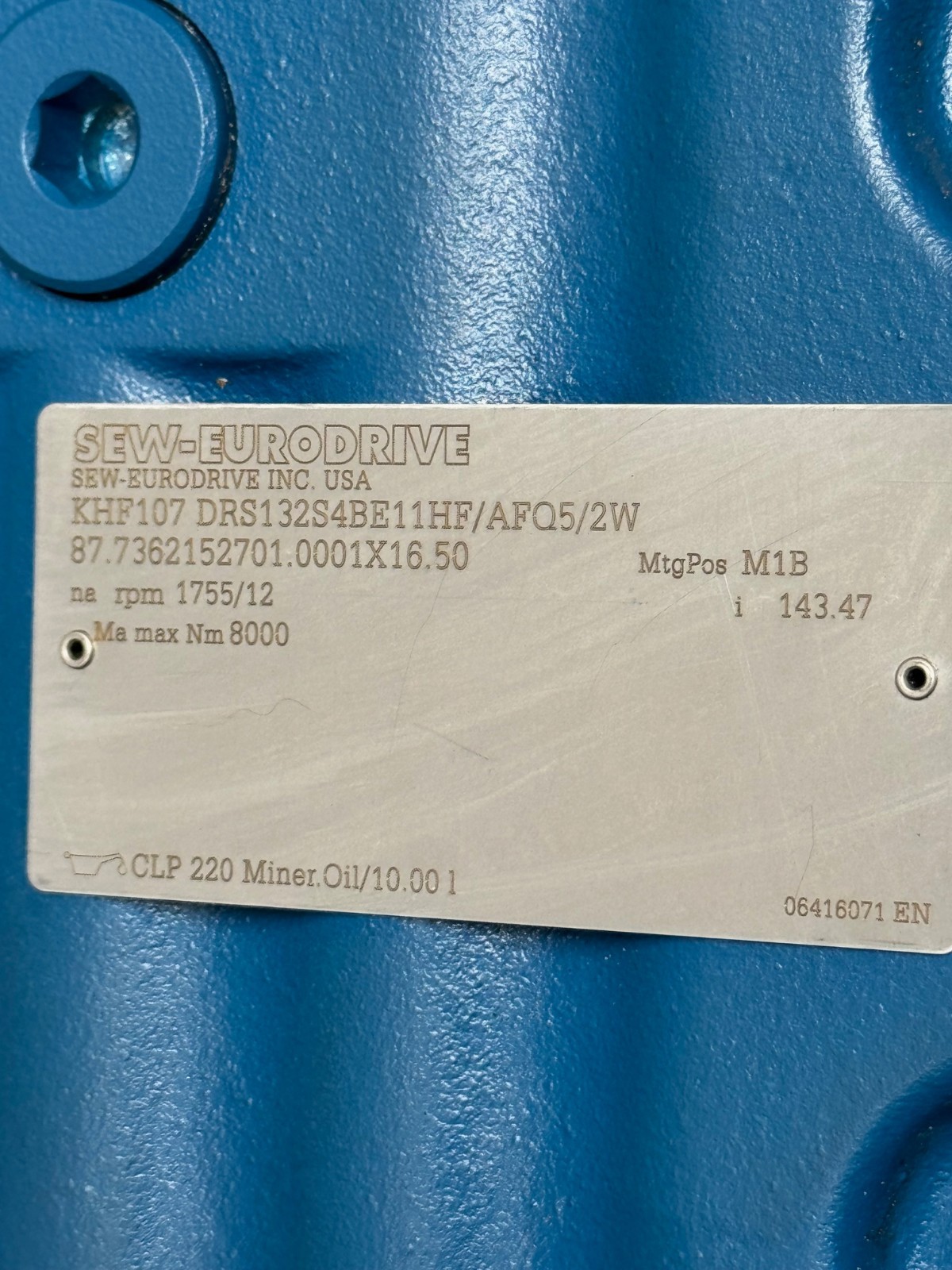 SEW-EURODRIVE GEAR MOTOR WA32 WA49 KHF107 DRS132S4BE11HF/AFQ5/2W 1755- 12 RPM