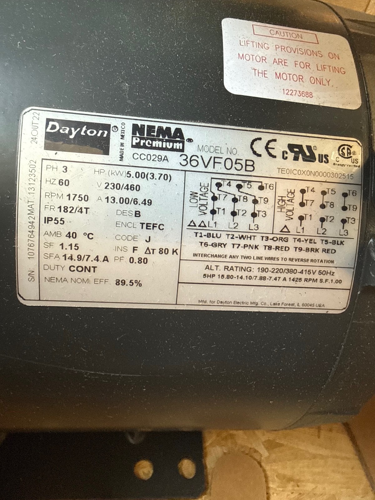 Dayton Motor 5 HP MODEL 36VF05B 2XMC 1750 RPM 208/460 V 13/6.49  AMP 3 PH FRAME