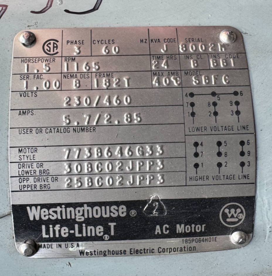WESTINGHOUSE MOTOR LIFE LINE T CC4 1.5 HP 1165 RPM 230/460 V  5.7/2.85 AMP