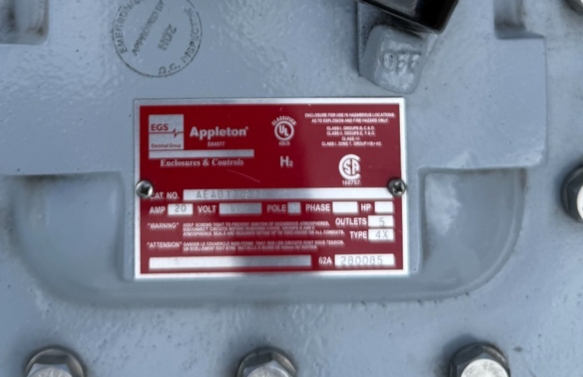 EGS APPLETON 20 AMP EXPLOSION PROOF BREAKER BOX AEAB12620S AD11C 600 V 2 PH 5 OU