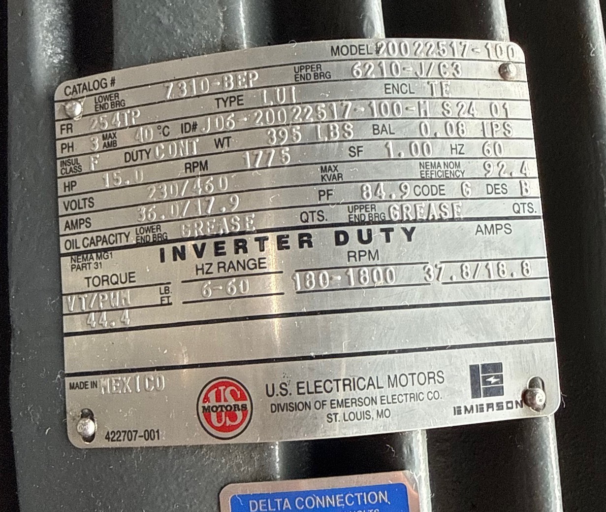 Refurbished US MOTORS INVERTER DUTY MOTOR 15 HP MODEL 20022517-100  2XY 1775 RPM INVERTER DU