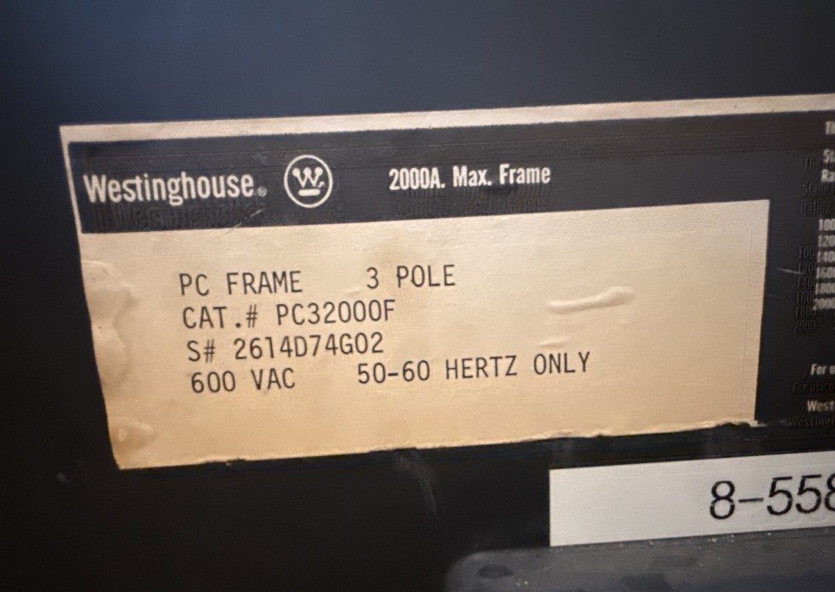 Refurbished Westinghouse 2000 AMP BREAKER PC32000FCSN 2YV5 600 3 POLE V 60 HZ 2KA PC 2000