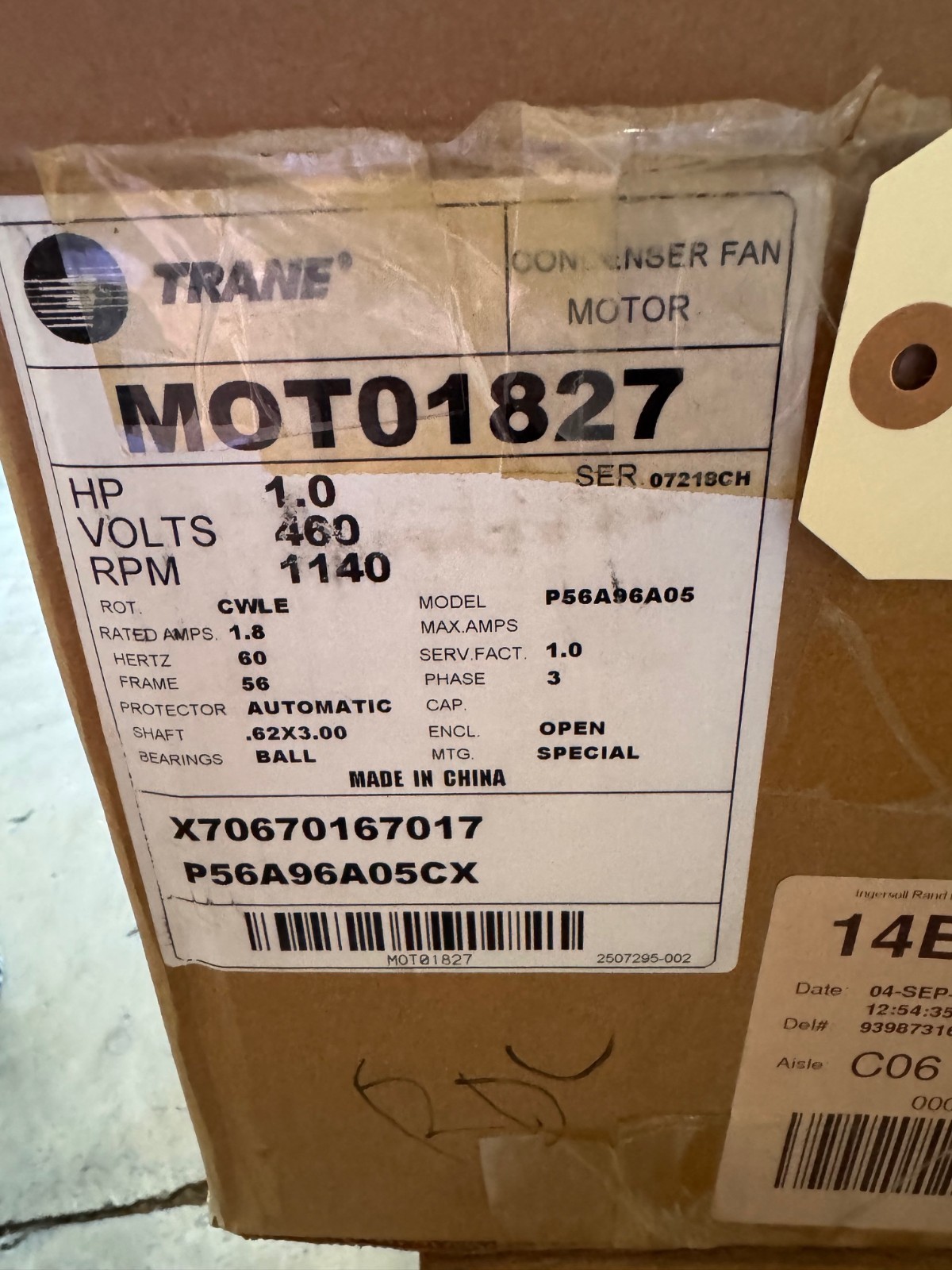 TRANE Motor 1 HP MODEL MOT01827 P56A96A05 ZFA7 ZK3 ZL21140 RPM 460V 1.8 AMP 3 PH