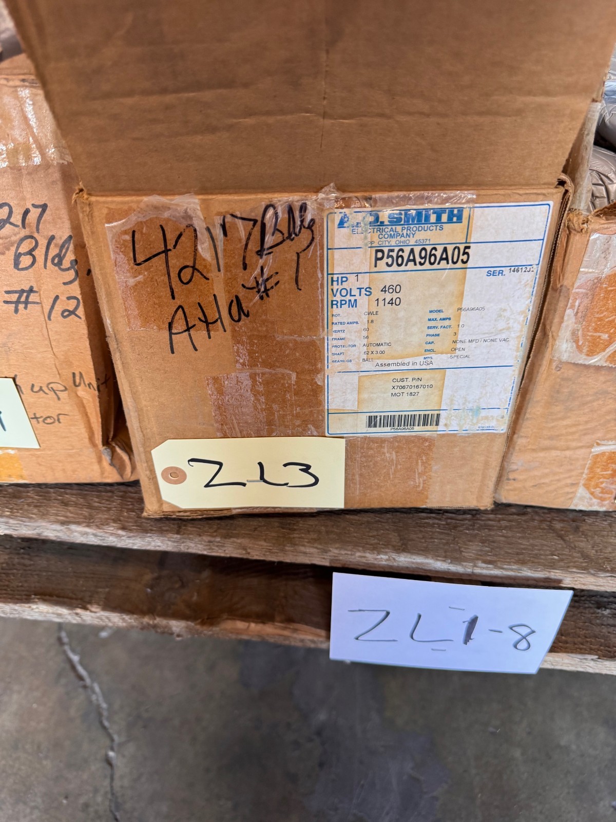 AO SMITH Motor 1 HP MODEL MOT021827 P56A96A05 ZI2 ZI5 ZL3 1140 RPM 460 V 1.8 AMP