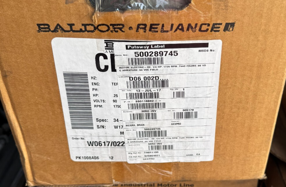 BALDOR DC MOTOR D2 1/4 HP MODEL T56H1100 1725 RPM 90 V DC AMP PH FR 90 VD