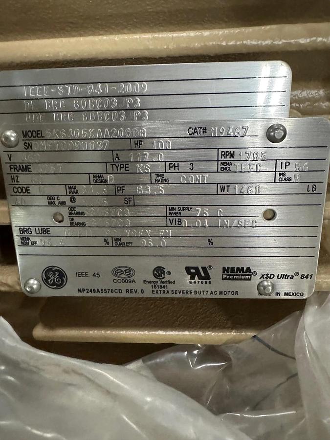 GE MOTOR XA5 100 HP MODEL M9467 5KS405XAA208 1785 RPM 460 V 3 PH 72/36/74/37 AM
