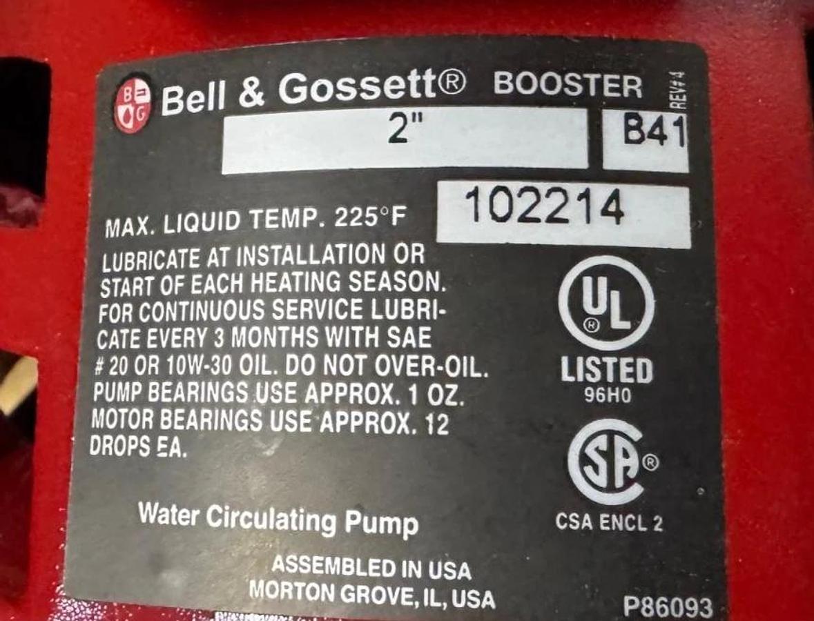 Bell & Gossett 2" X 2" CENTRIFUGAL PUMP VA18F MODEL B41 1725 RPM 1/6 HP Motor 11