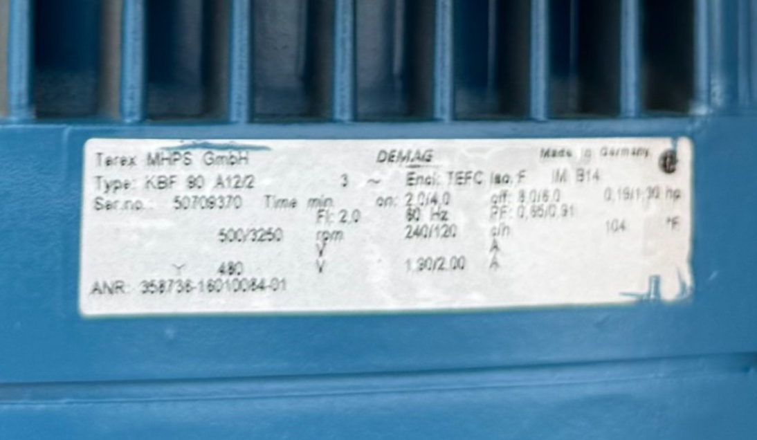 DEMAG CRANE GEAR MOTOR 9 .15 HP HH2 KBF 90 A12/2 500-240/3250-120 RPM