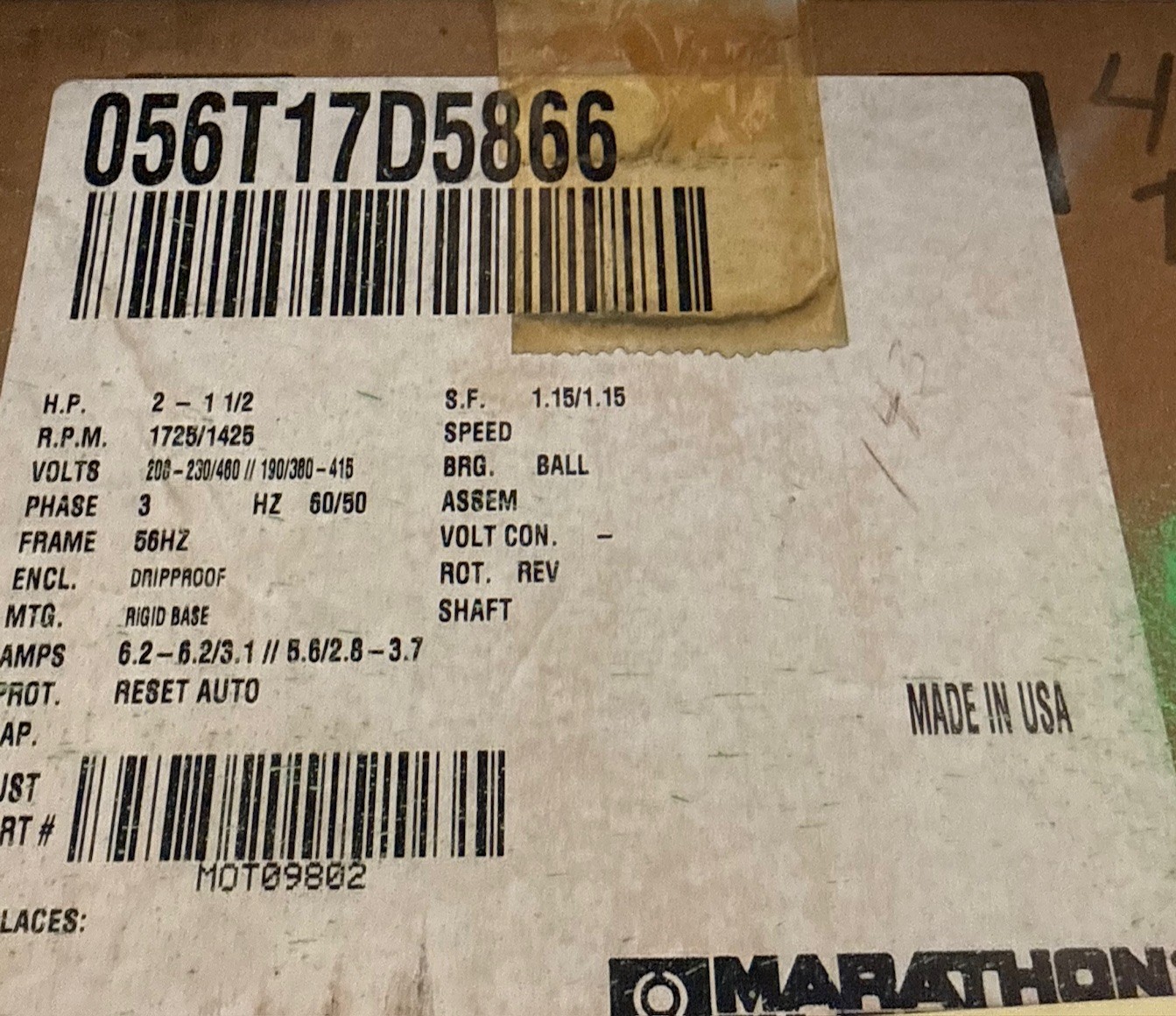 Used MARATHON Motor 2 HP MODEL MOT09802 NQA 56T1 ZF3A ZFA3 1725 RPM 208/230-460 V 3