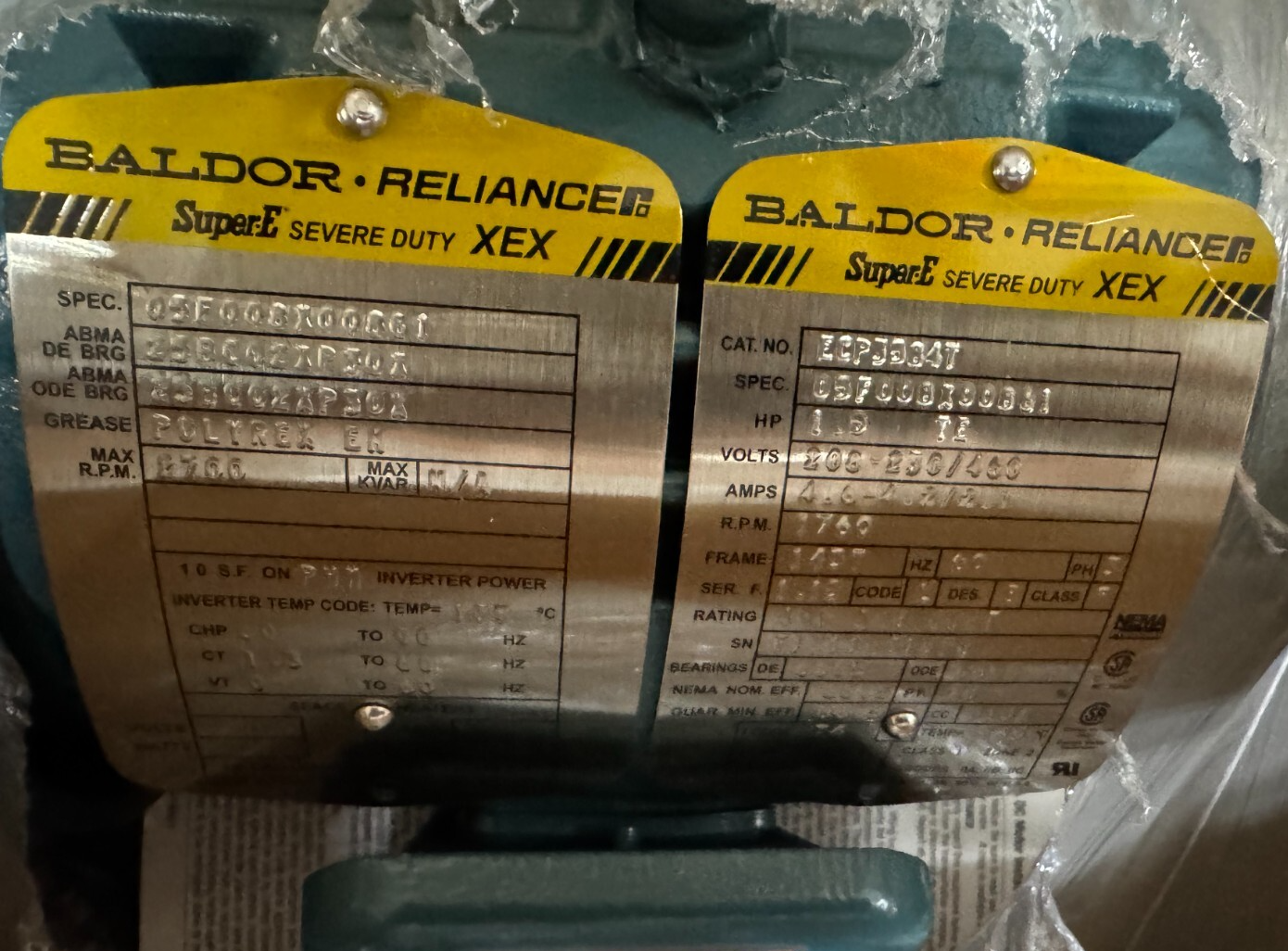 BALDOR MOTOR L6 1 1/2 HP MODEL ECP3584T 1760 RPM 230/460 V 3 PH 4.6-4.2/2.1 AMP