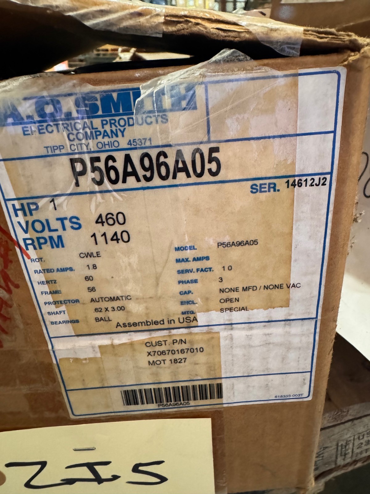 AO SMITH Motor 1 HP MODEL MOT021827 P56A96A05 ZI2 ZI5 ZL3 1140 RPM 460 V 1.8 AMP