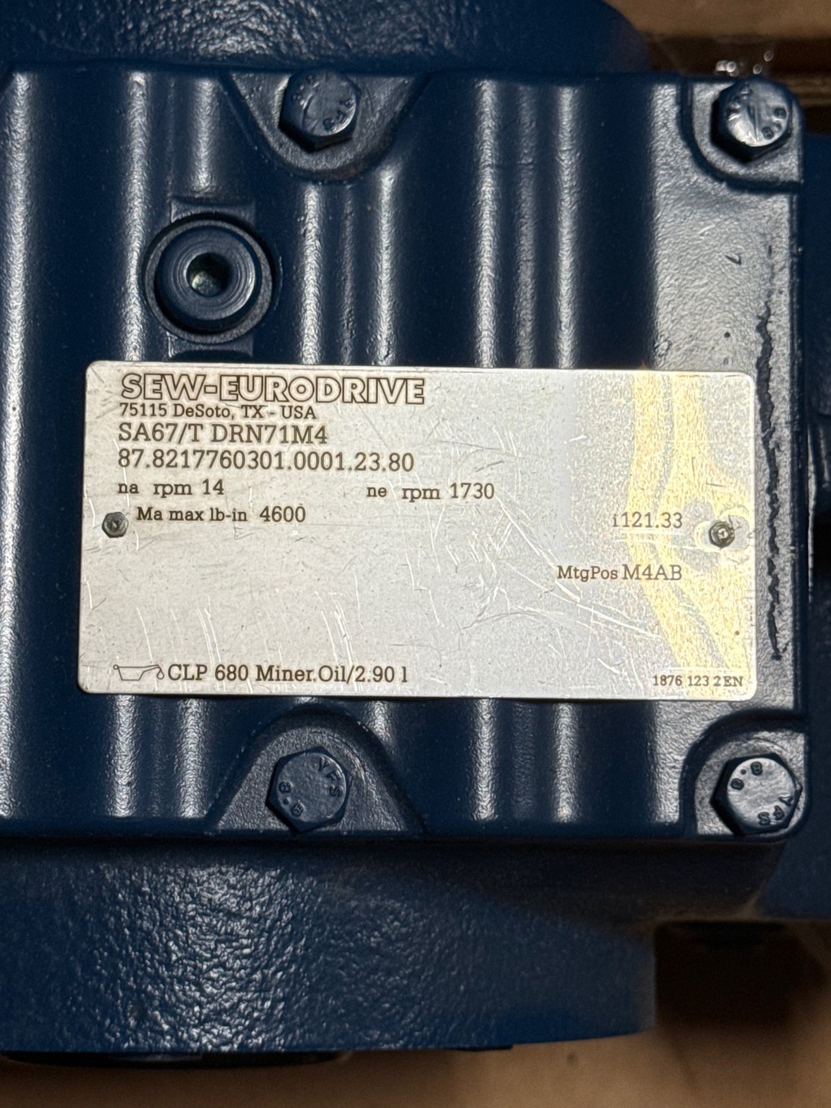 Used SEW-EURODRIVE GEAR MOTOR 2YAB MOD SA67/T DRN71M4 1730 TO 14  RPM .5  HP  230/460