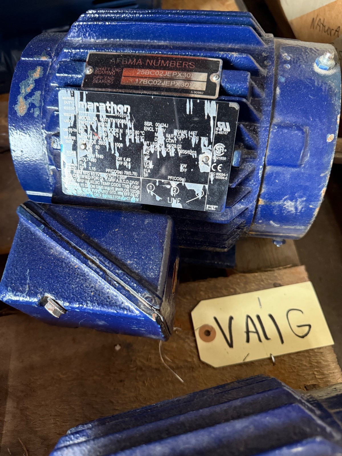MARATHON Motor 2HP VA11EFG MODEL ZA145-THTN19058AAJ 1740 RPM 460 V FRAME 145T