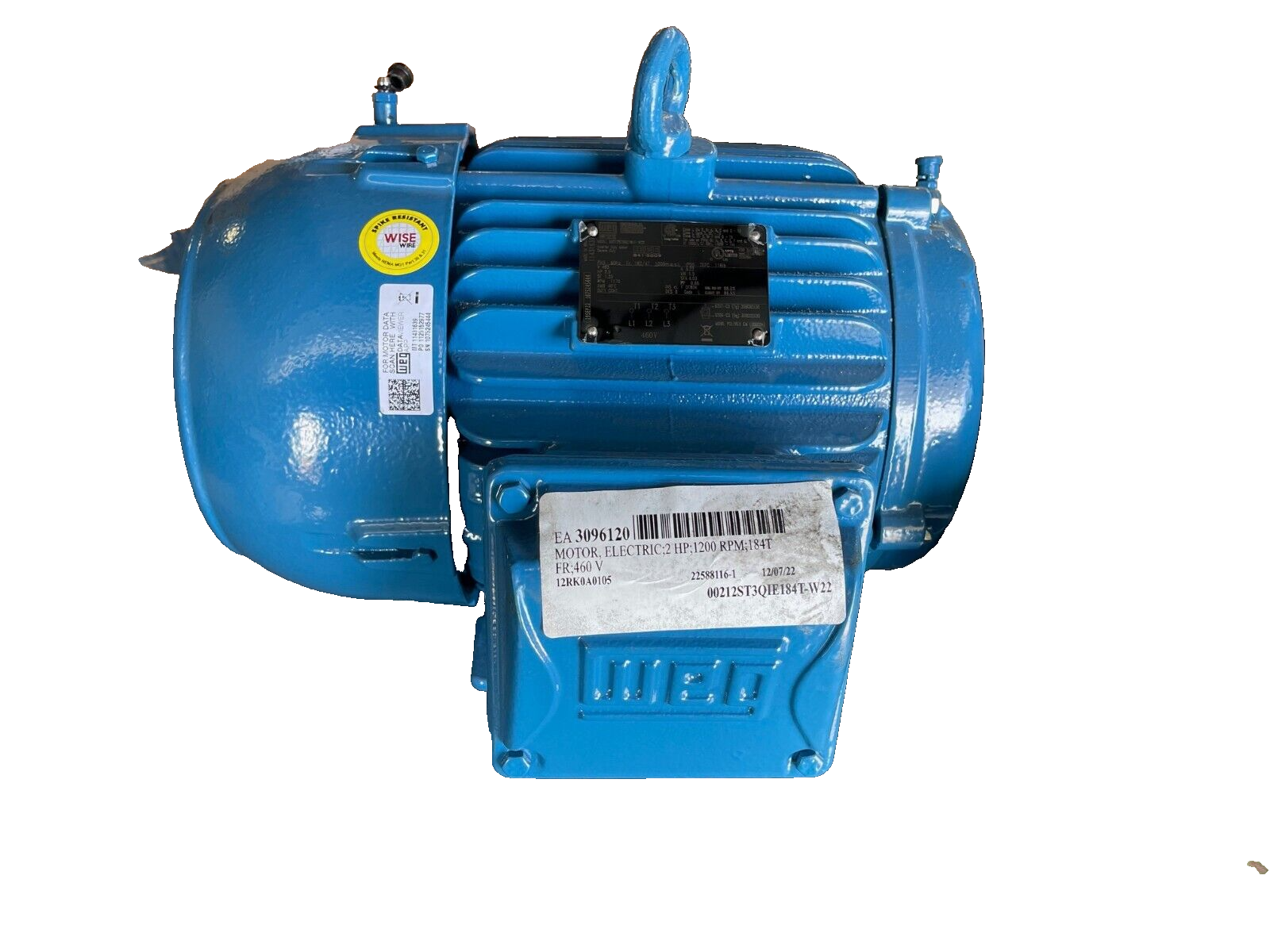 WEG 2 HP MOTOR 1170 RPM 460 V FRAME 182/4T 00212ST3QIE184T-W22