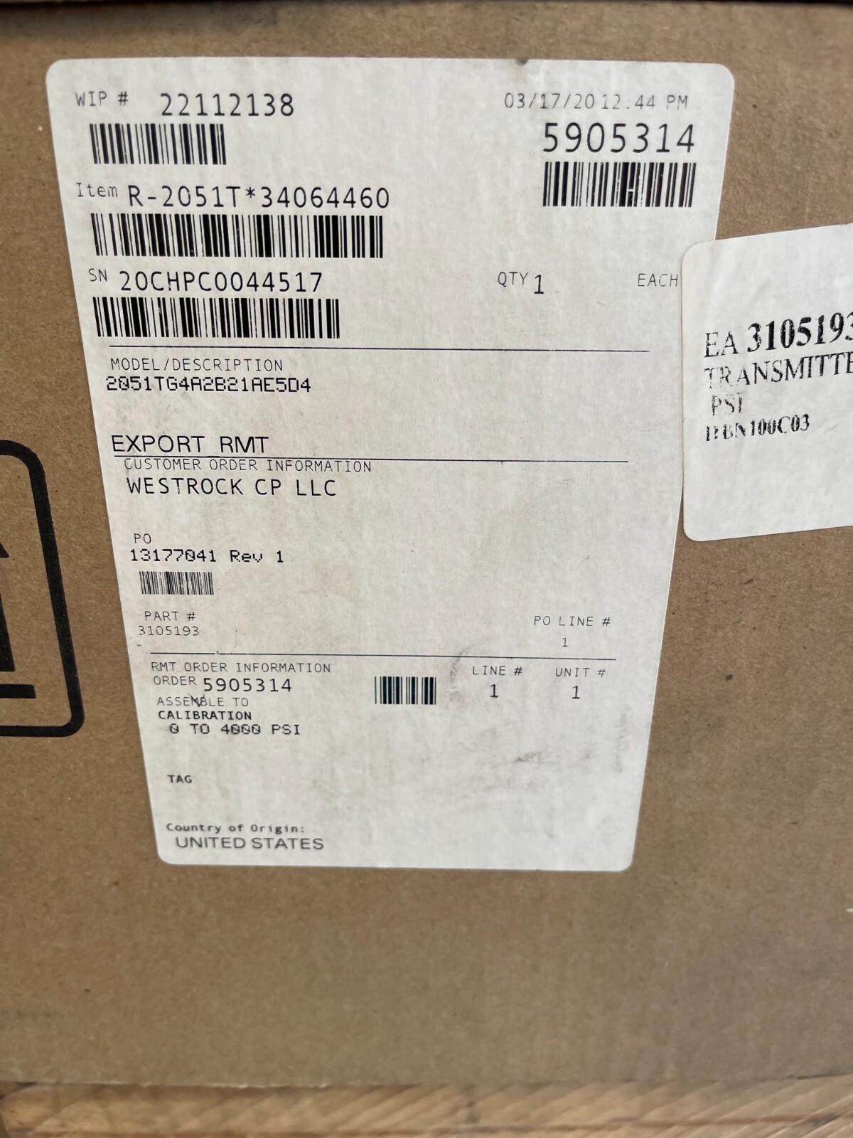 ROSEMOUNT DIFF PRESSURE TRANSMITTER 0-4000 PSI 2051TG4A2B21AE5D4