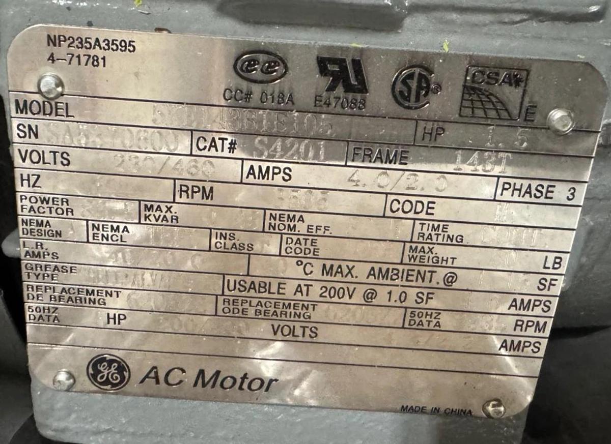 GE 11/2 HP MOTOR AD4F S4201 5KE143BTE105 3505 RPM 230/460 V 4/2 AMP FRAME143T