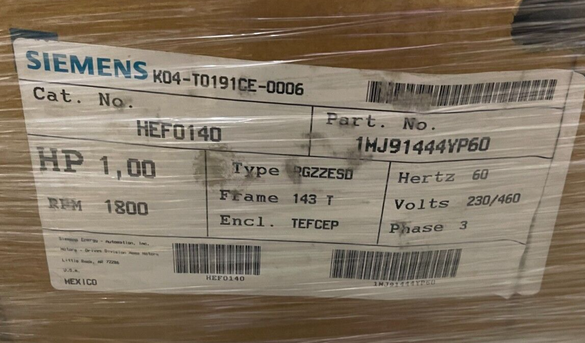 Motor 1 HP Electric Motor NEMA PREMIUM PE 21+ Siemens RGZZESD 230/460 V 3 PH