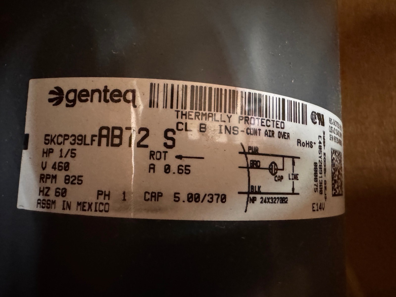 GENTEQ Motor 1 HP MODEL MOT09375F48M02A05 ZJ6 1100 RPM 380/415/460 1 AMP 1 PH FR