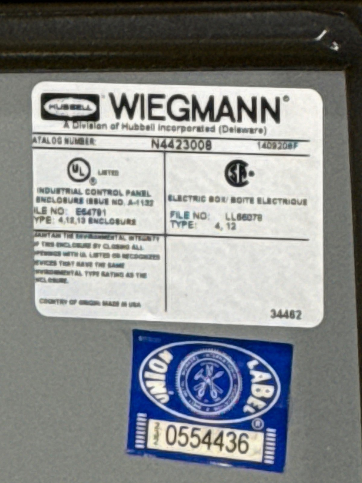 WIEGMANN ENCLOSURE MODEL N4423008  42 X 30 X 8 AD8 STEEL ENCLOSURE