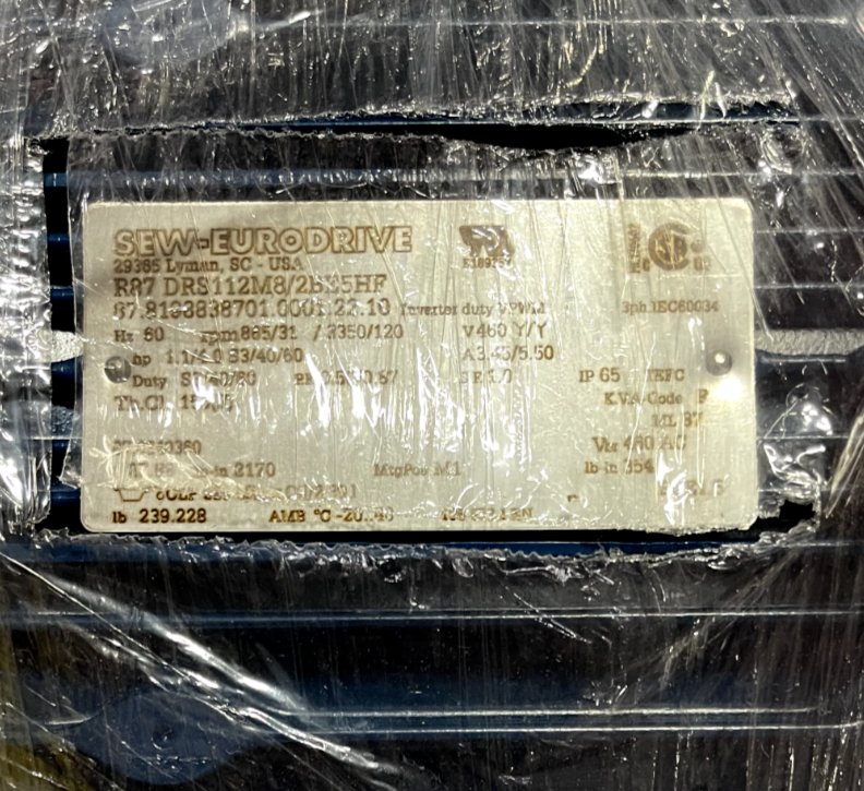 Sew Eurodrive Gearmotor 11/4 HP 865/31 RPM, 27.88:1 Ratio 460 V R87 DRS112M8/2BE