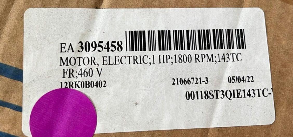 WEG 1HP ELECTRIC MOTOR 04P143/5TC 1800 RPM 460 V60Hz 00118ST3QIE143TC-W22