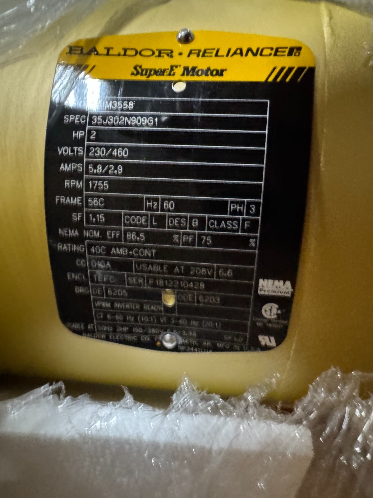 WEG MOTOR D1  1 1/2 HP  00158ET3E145TC-W22 1755RPM 208-230/460 V  3 PH FR145TC