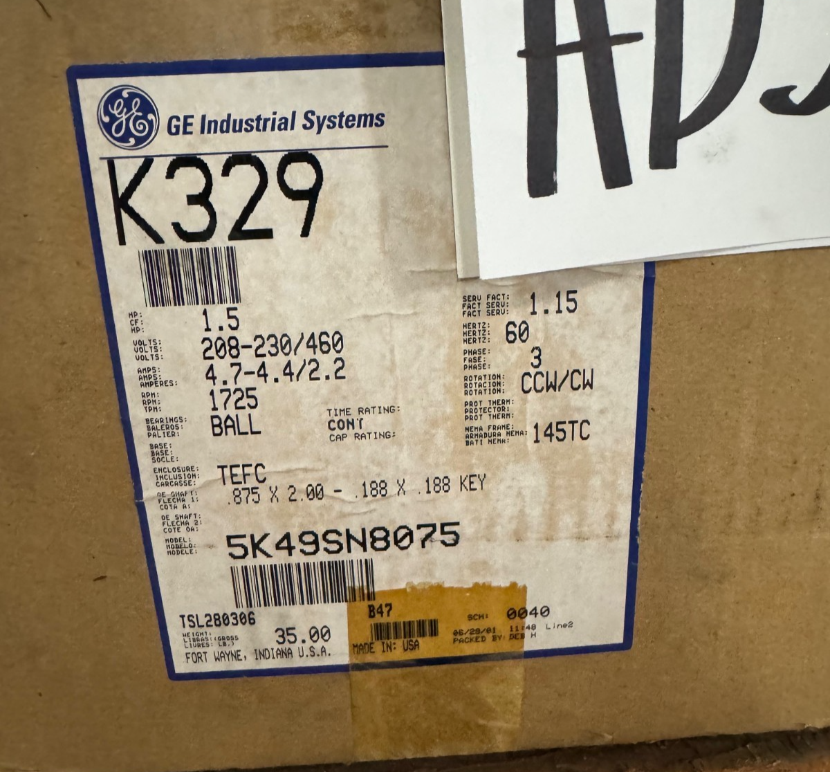 GE 11/2 HP MOTOR AD5B K329 5K49SN8075 1725 RPM 208/230/460 V 4.7-4.4/2.2 AMP