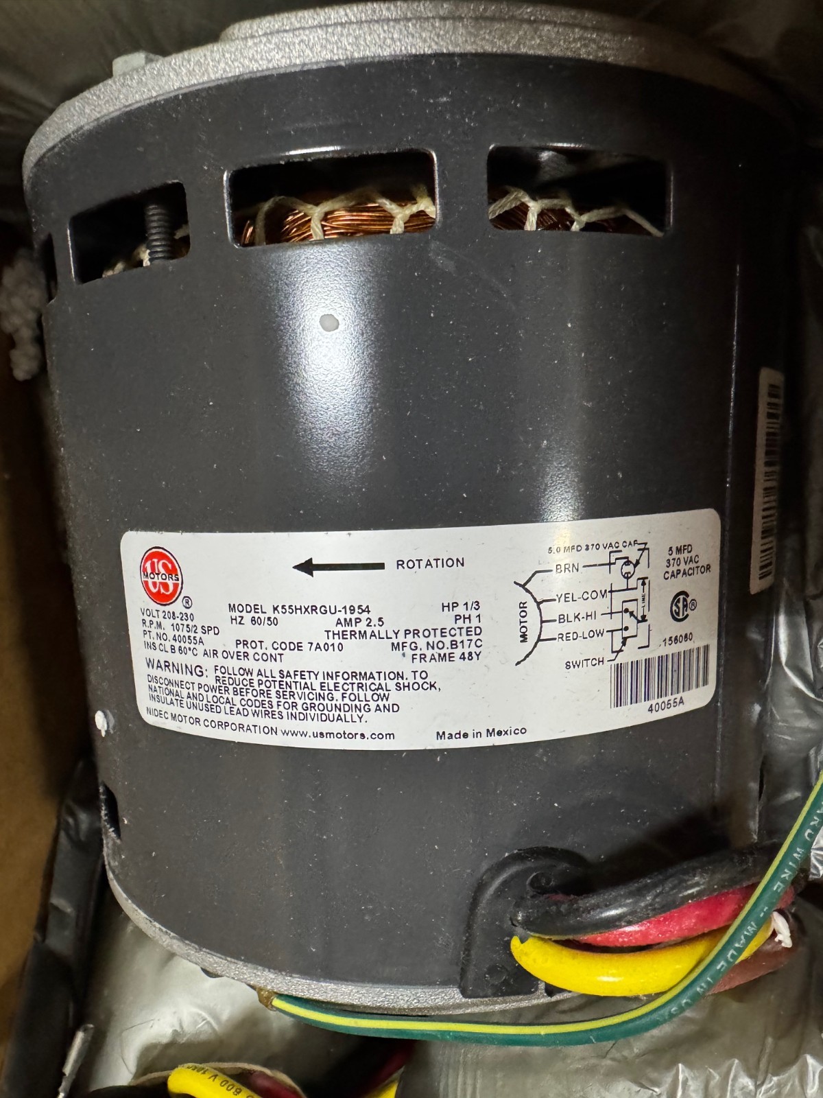 US MOTOR 1/3 HP MOTOR MODEL 40055A-SP WA6H 1075 RPM 208/230 V 1 PH 2.5 1  AMP