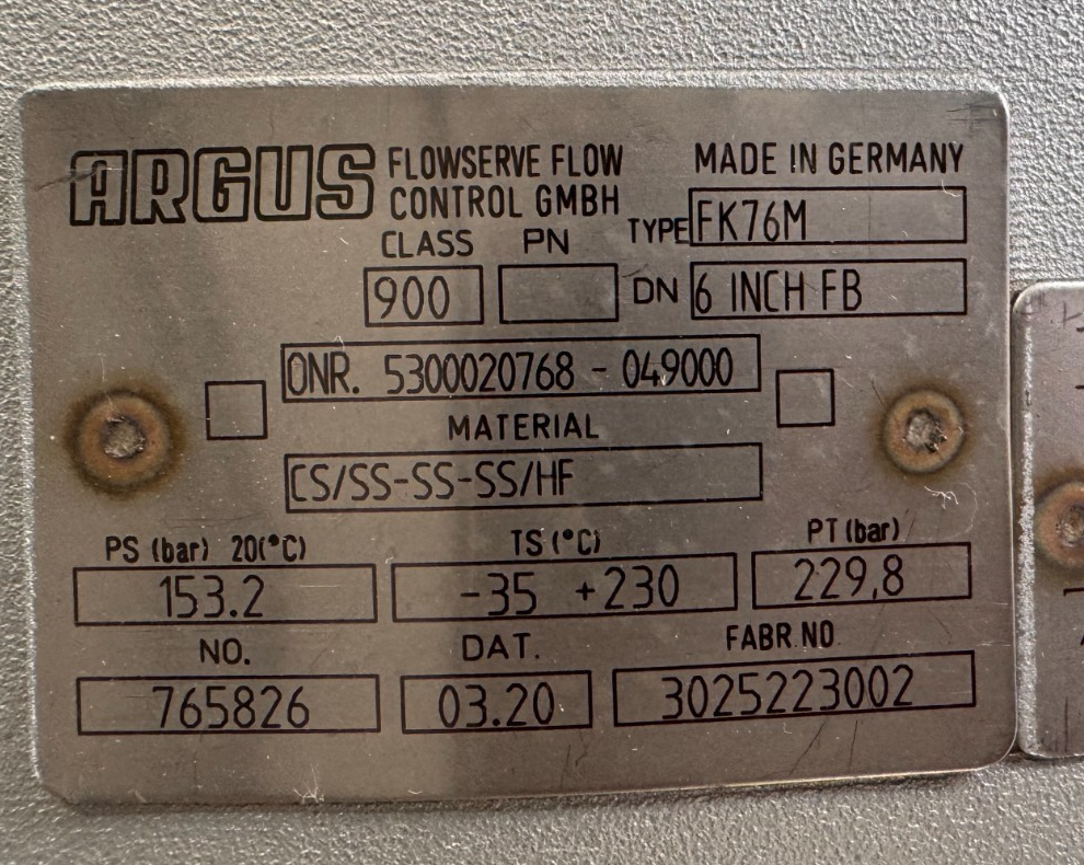 Used LIMITORQUE ACTUATOR LPS-25A-585B-RC2-3 with  ARGUS 6" 900 RF FP BALL VALVE