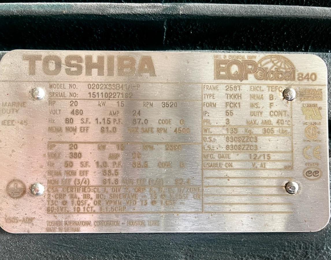 20 HP MOTOR TOSHIBA 3520 RPM 460 V FRAME 258T