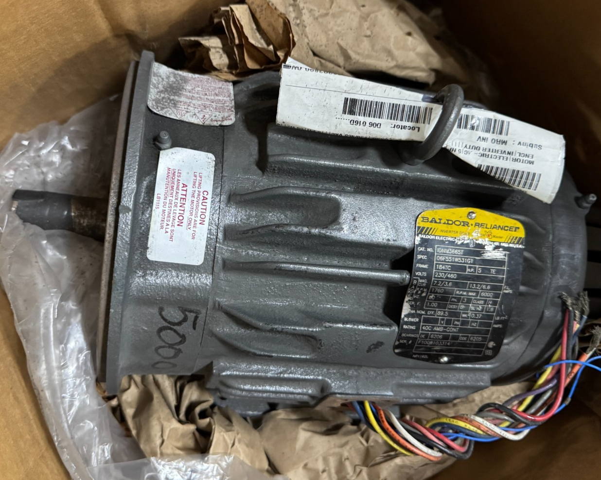 BALDOR MOTOR J3 5HP 06F551W531G1 1760RPM 230/460V 3PH 7.2/3.6 13.2/6.6 A FR184TC