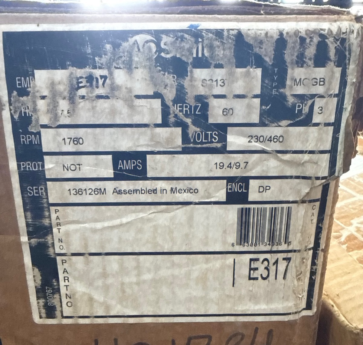 Used AO SMITH CENTRY E PLUS 3 Motor 7.5 HP MODEL E317MOGB ZFA2 1760 - 1745 RPM 230/46