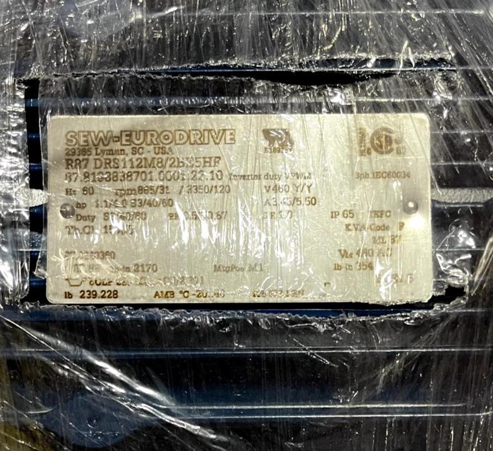 Sew Eurodrive Gearmotor 11/4 HP 865/31 RPM, 27.88:1 Ratio 460 V R87 DRS112M8/2BE