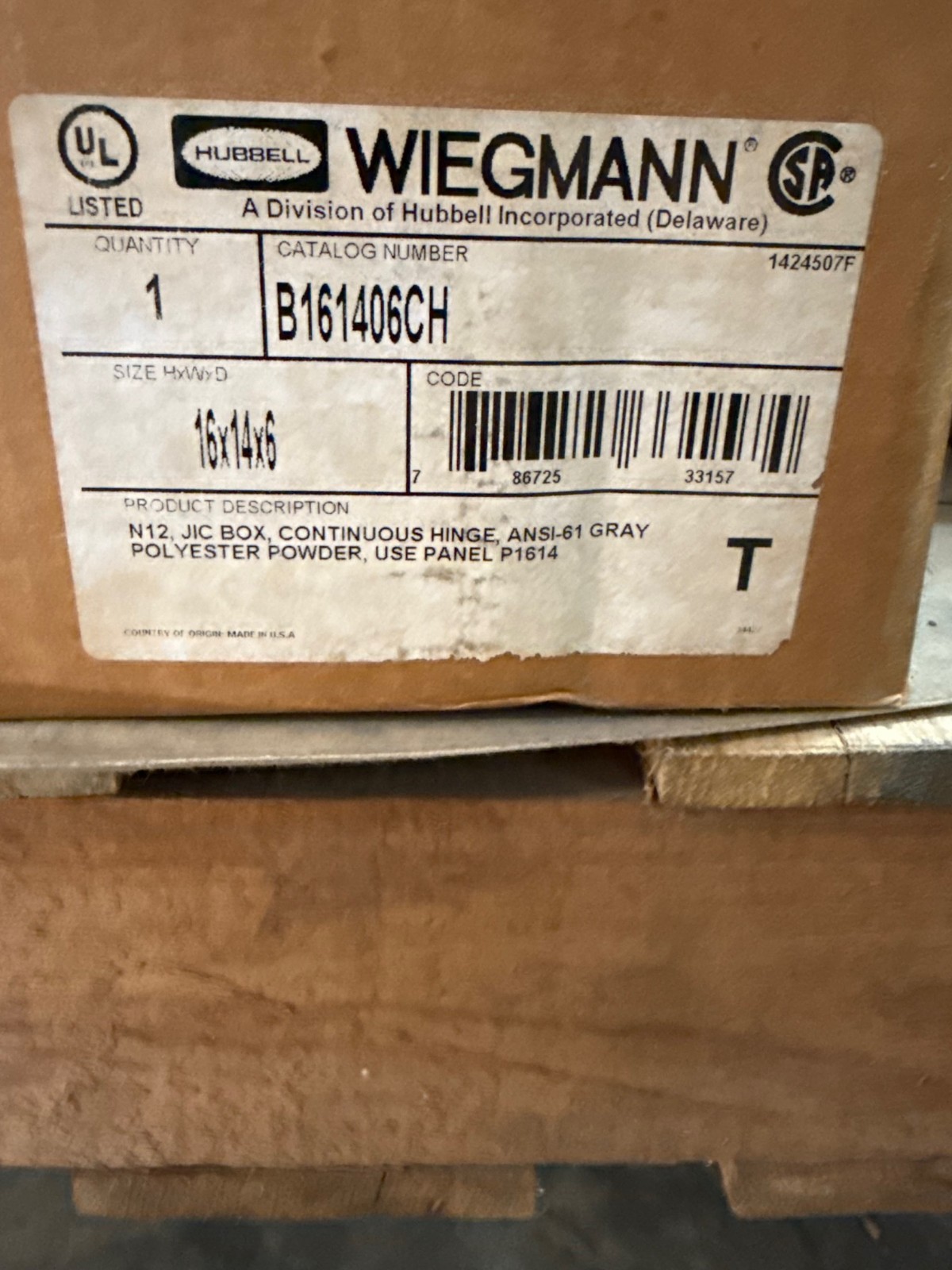 WIEGMANN ENCLOSURE MODEL B161406CH 16' X 14' X 6' AD10B STEEL JIC ENCLOSURE