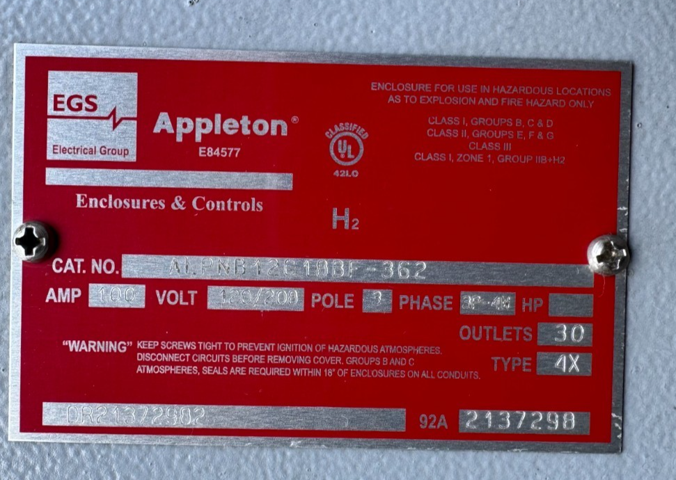 APPLETON EXPLOSION PROOF BREAKER PANEL ALPNB12C18BF-362 100 AMP 120/208 V 3 PH