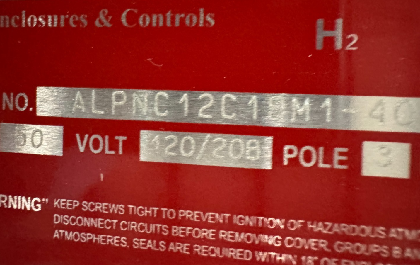 Appleton EXPLOSION PROOF BREAKER PANEL V64 ALPNC12C12M1 50 AMP 120/208V 3PL 3 P