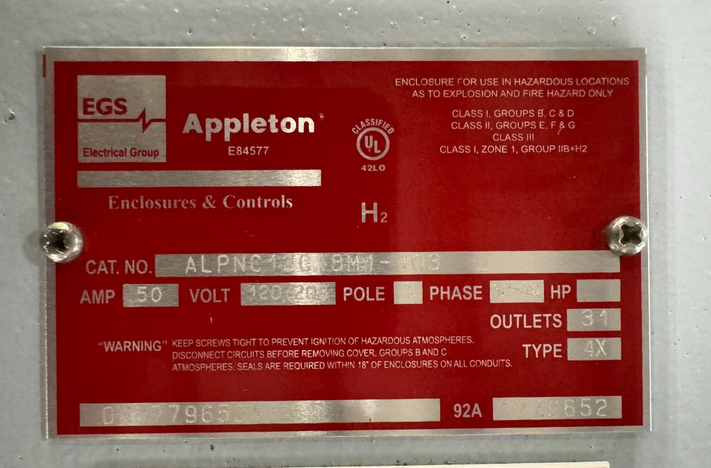 Appleton EXPLOSION PROOF BREAKER PANEL V64 ALPNC12C12M1 50 AMP 120/208V 3PL 3 P