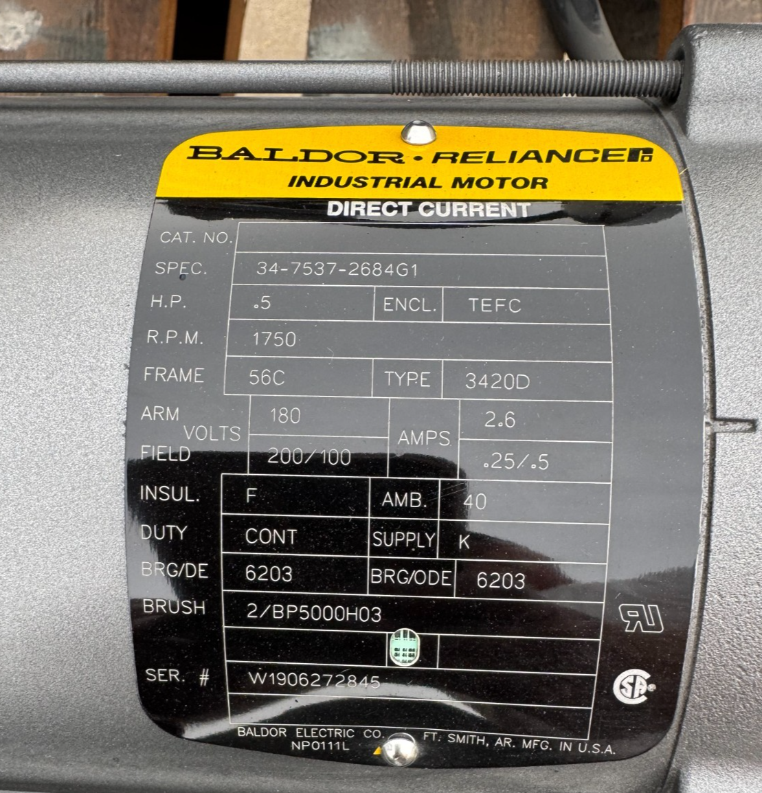 BALDOR DC MOTOR DOUBLE SHAFTED JJ3 .5 HP MODEL 34-7537-2684G1 1750 RPM
