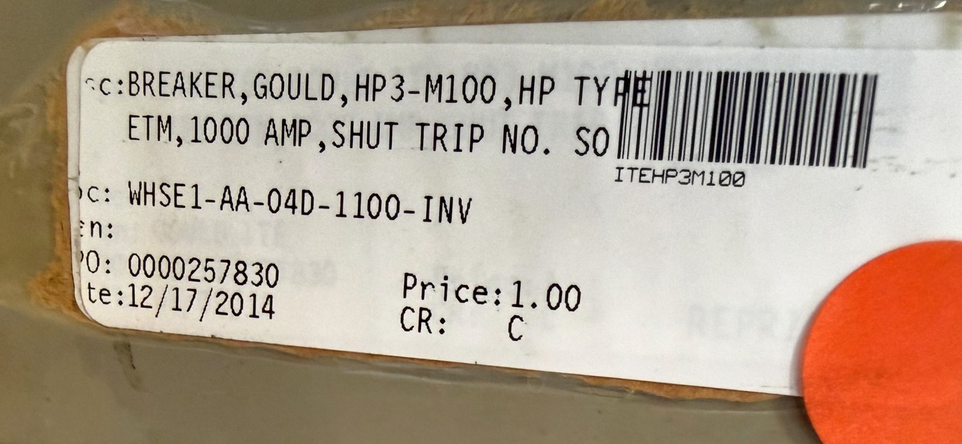 Refurbished ITE 1200 AMP BREAKER 2YU9 MODEL HP3-M1200 TYPE ETM 1200 AMP SHUNT TRIP NO. FRAME