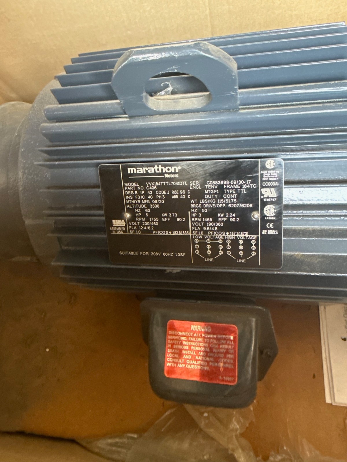 MARATHON Motor 5 HP MODEL VVK184TTTL7041DTL 2XMD 1755 RPM 230/460 V 12.4/6.2  AM