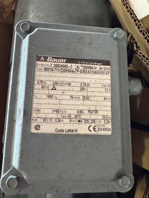 BAUER GEAR MOTOR WA7 WA8 MOD BM10-71V/D08MA4-TF 3/4 HP 1680 TO 75 RPM 208V