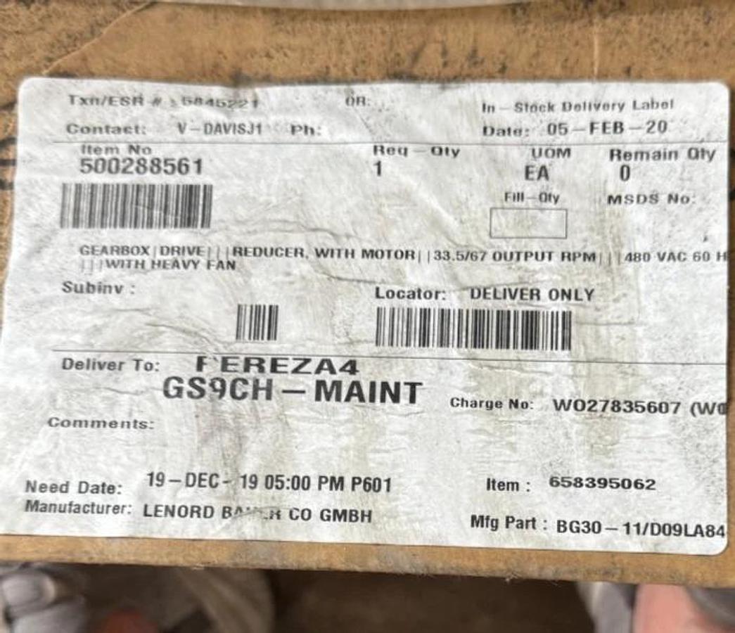 Bauer Gear Motor EE MODEL BG30-11/D09XC84-SL-S/ES00A8/AV 840/1680 TO 33.5/67 RPM