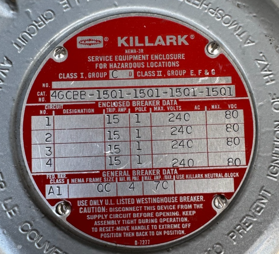 KILLARK EXPLOSION PROOF BREAKER PANEL V45 70 AMP 240 V 1 P 4GCBB-15Q1-15Q1-15Q1-