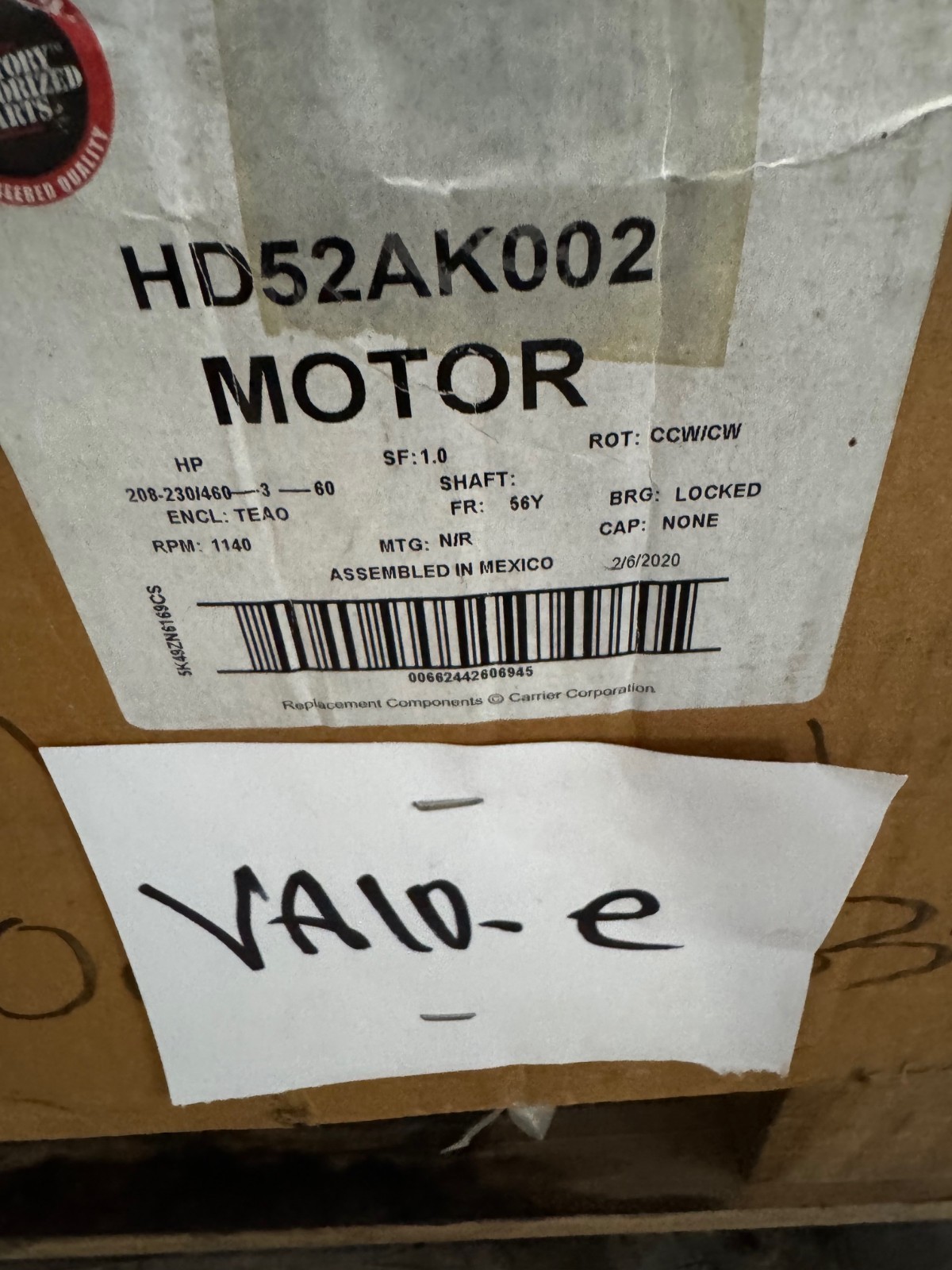 MARATHON  Motor 1 HP MODEL HD52AK002 VA10E 1VA14A 725 RPM 208-230/460 V