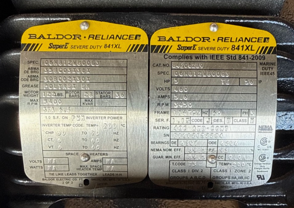 Used BALDOR SUPER E SEVERE DUTY 841XL MOTOR 5 HP MODEL 84Z06289 2XWA 3450 RPM 460 V 3