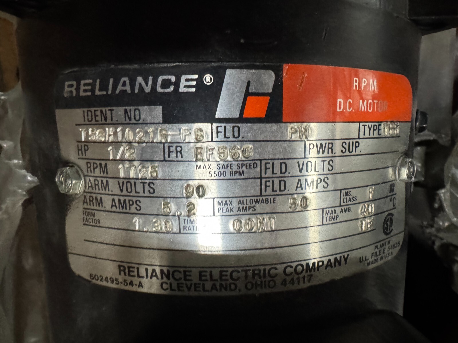 RELIANCE DC MOTOR O3 1/2 HP T56H1021R-PS 1725 RPM 90 V DC  50  AMP PH FR 90 VD