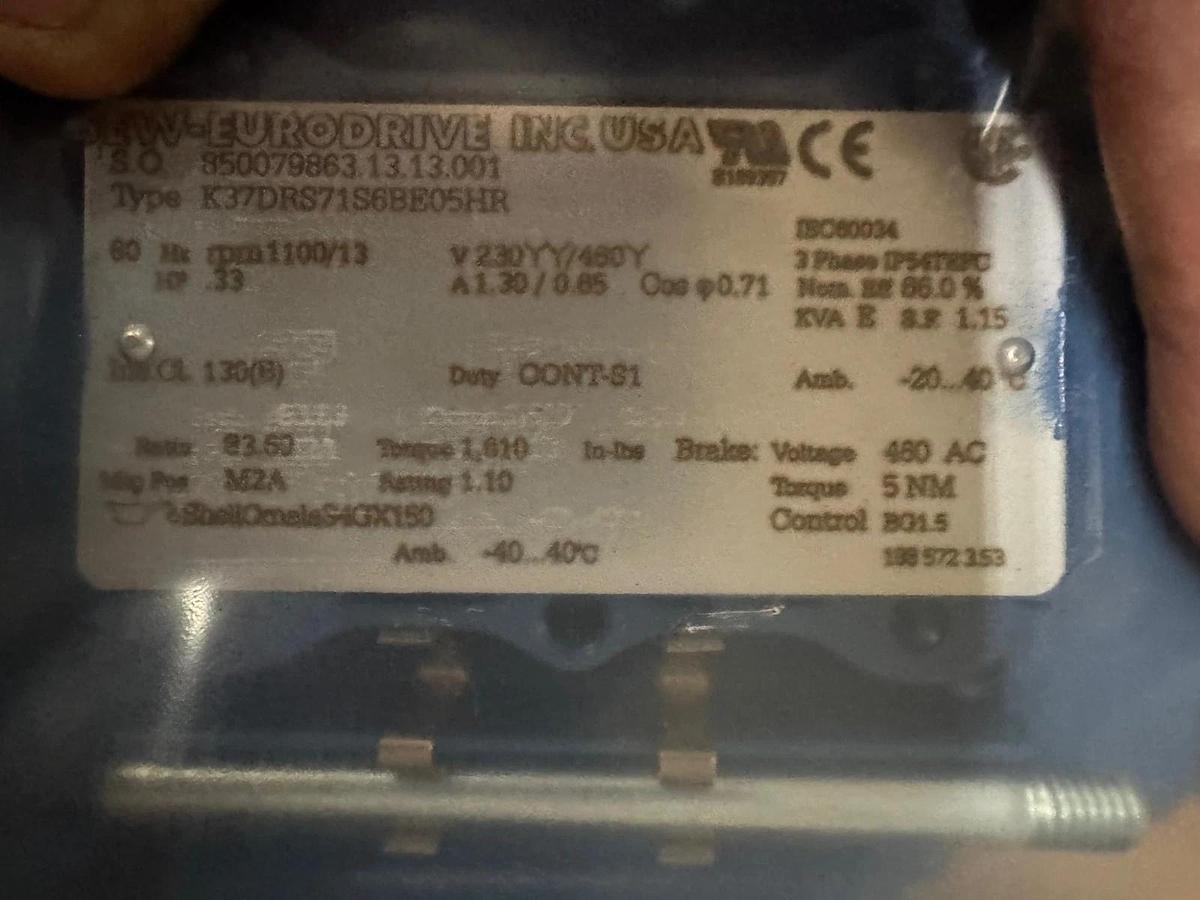 SEW-EURODRIVE GEAR MOTOR WA56 47 58 MOD K37DRS71S6BE05HR 1100 TO 13 RPM .33 HP