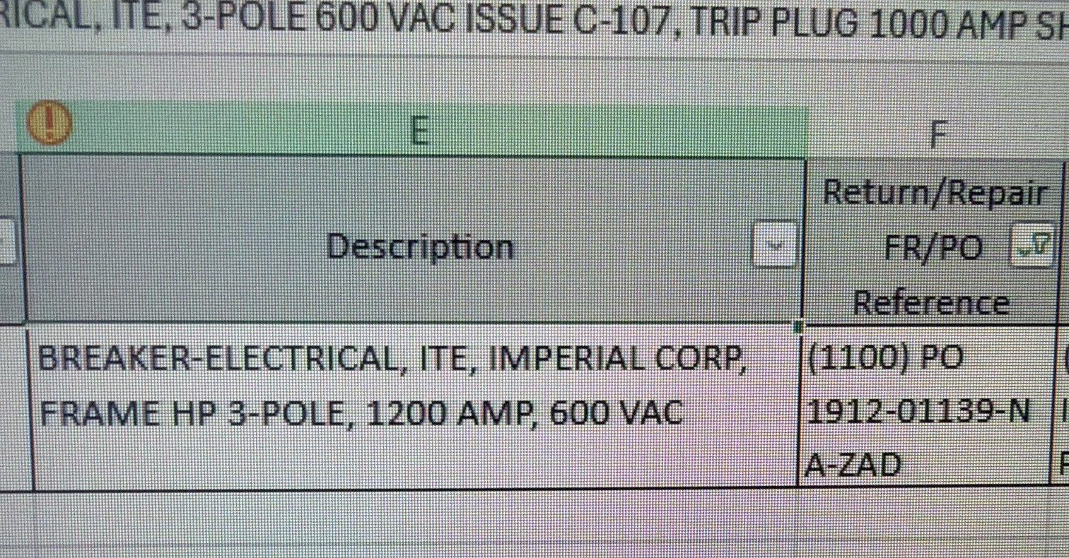 Refurbished ITE 1200 AMP BREAKER 2YU9 MODEL HP3-M1200 TYPE ETM 1200 AMP SHUNT TRIP NO. FRAME