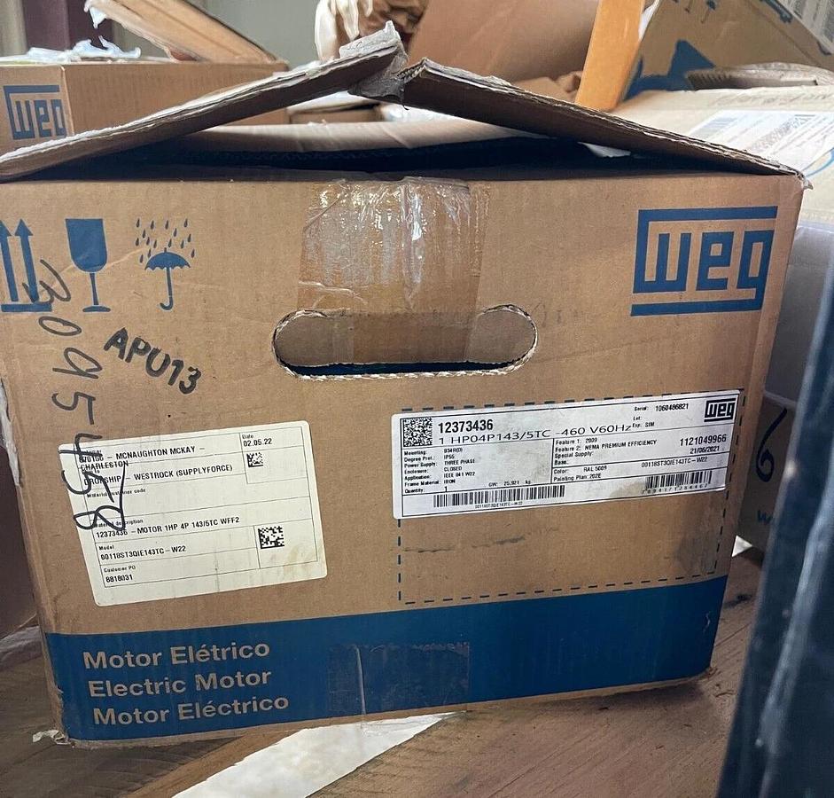 WEG 1HP ELECTRIC MOTOR 04P143/5TC 1800 RPM 460 V60Hz 00118ST3QIE143TC-W22