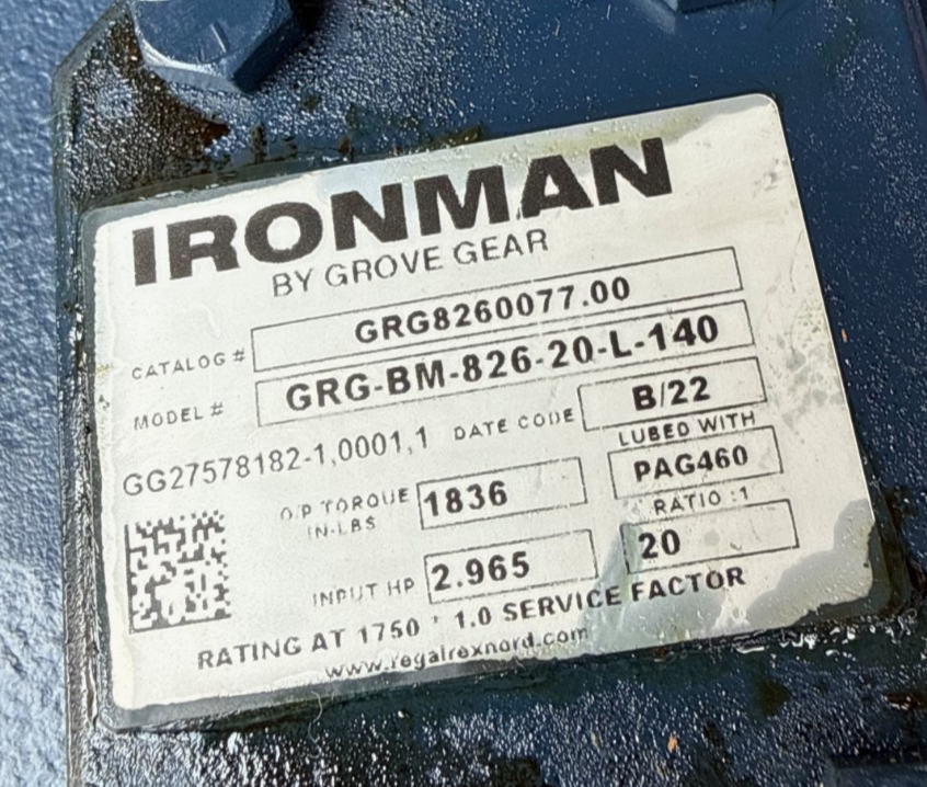 IRON MAN GROVE GEAR REDUCER 1XIB MOD GRG-BM-826-20-L-140 2.965 HP 1750 RPM IN
